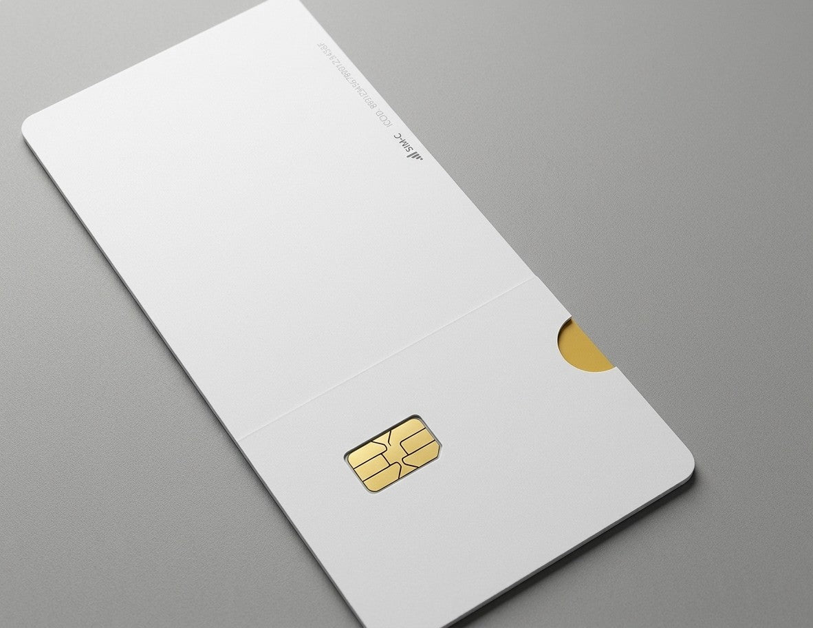 Concealed SIM and smart card DL mailer pack: white folded carrier with a SIM card