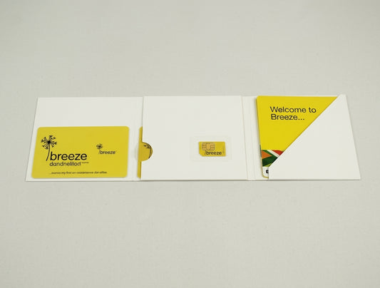 Enclosed SIM card wallet laid flat with a printed card, SIM and welcome card