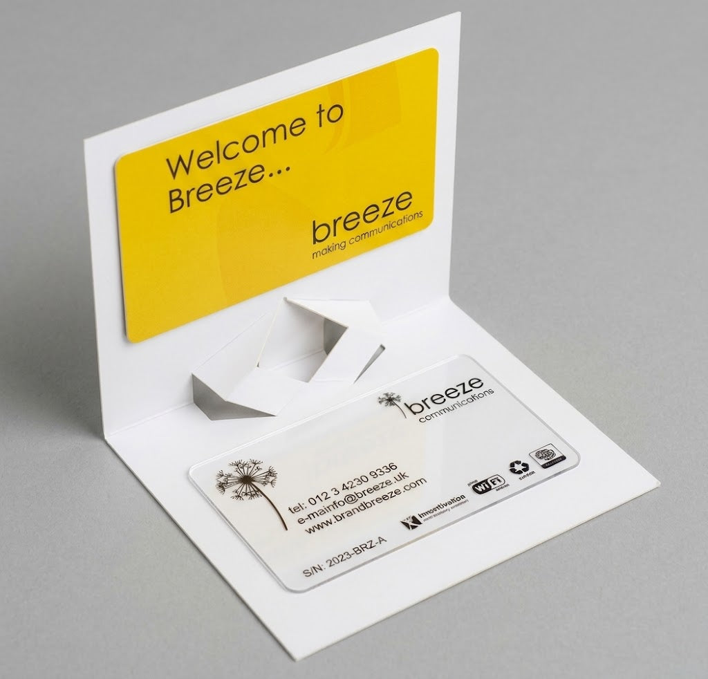 Pop-up SIM card presentation wallet with a welcome card above and a SIM card pocket