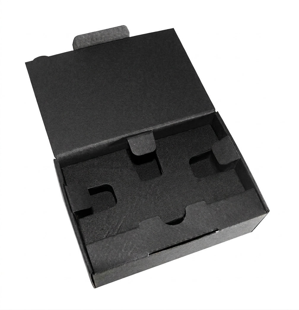 Black textured one-piece carton for handsets, size 2, open and empty showing the inner fittings