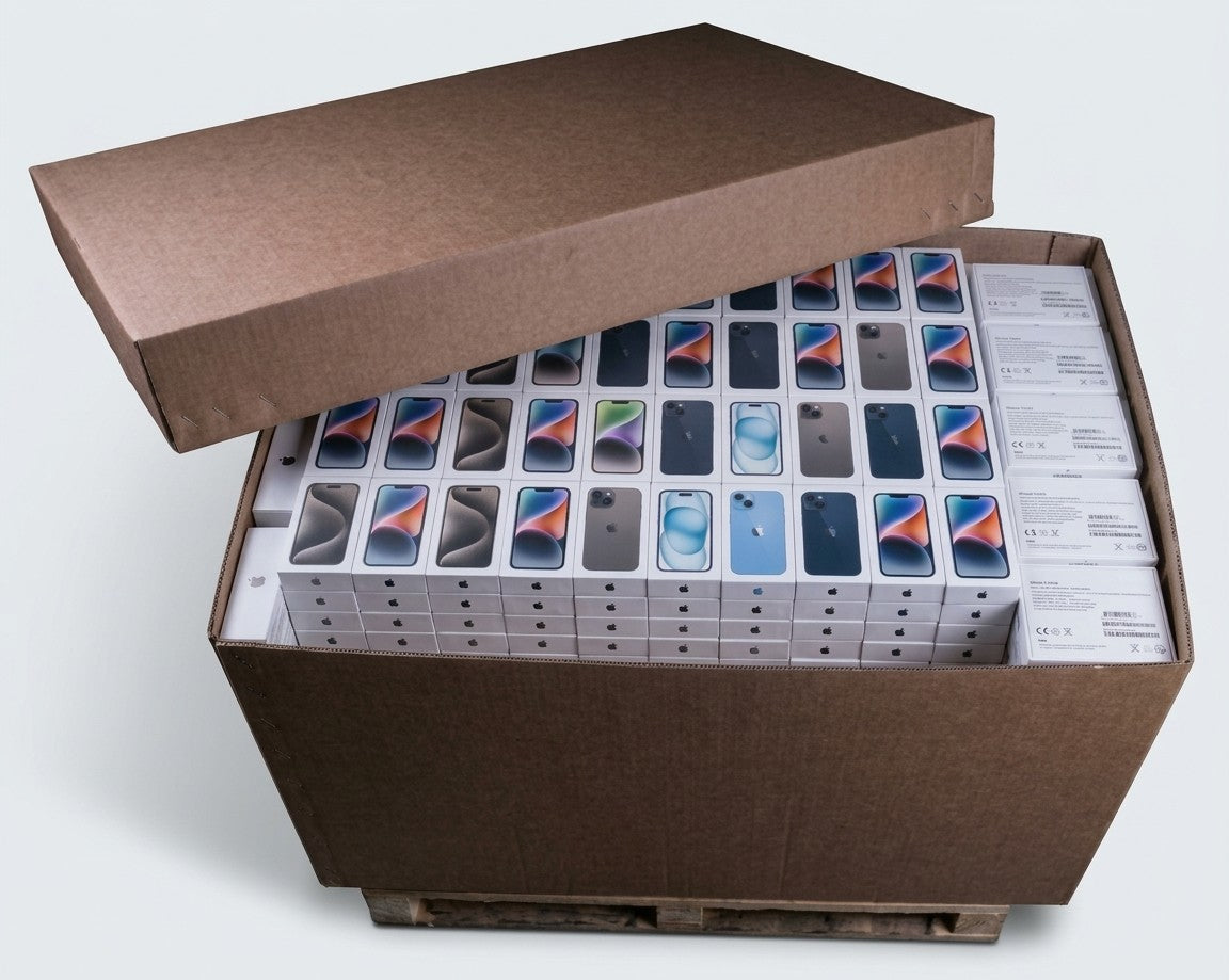 Euro Shipping Box - Cardboard: pallet-size cardboard box packed with boxed smartphones, lid lifted off