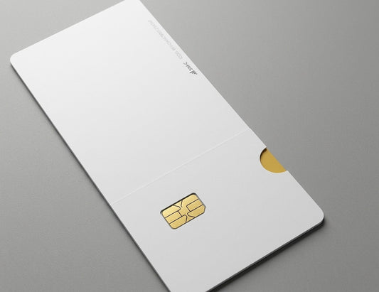 Concealed SIM and smart card DL mailer pack: white folded carrier with a SIM card