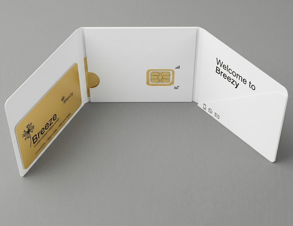 Enclosed SIM card wallet opened out, showing the SIM card and a welcome card